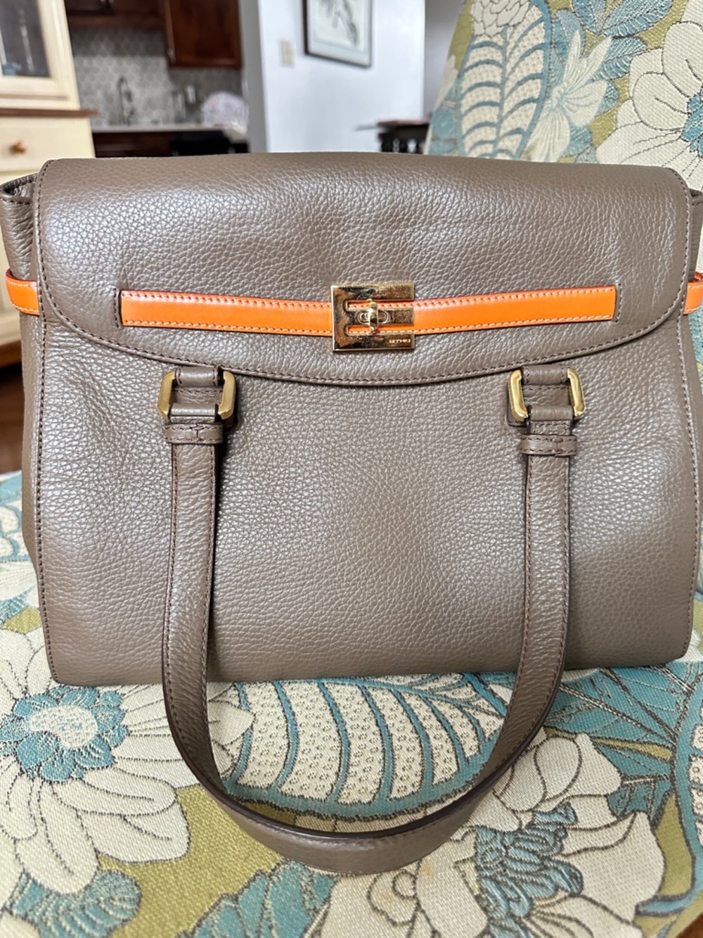 ERTO Taupe Pebbled Satchel Purse Orange Trim Gold Hardware NWOT